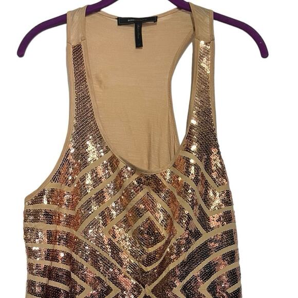 BCBG Sequin Tank Top Cami High Low Hem Tan Boho Contemporary Womans Size Large - Picture 9 of 10
